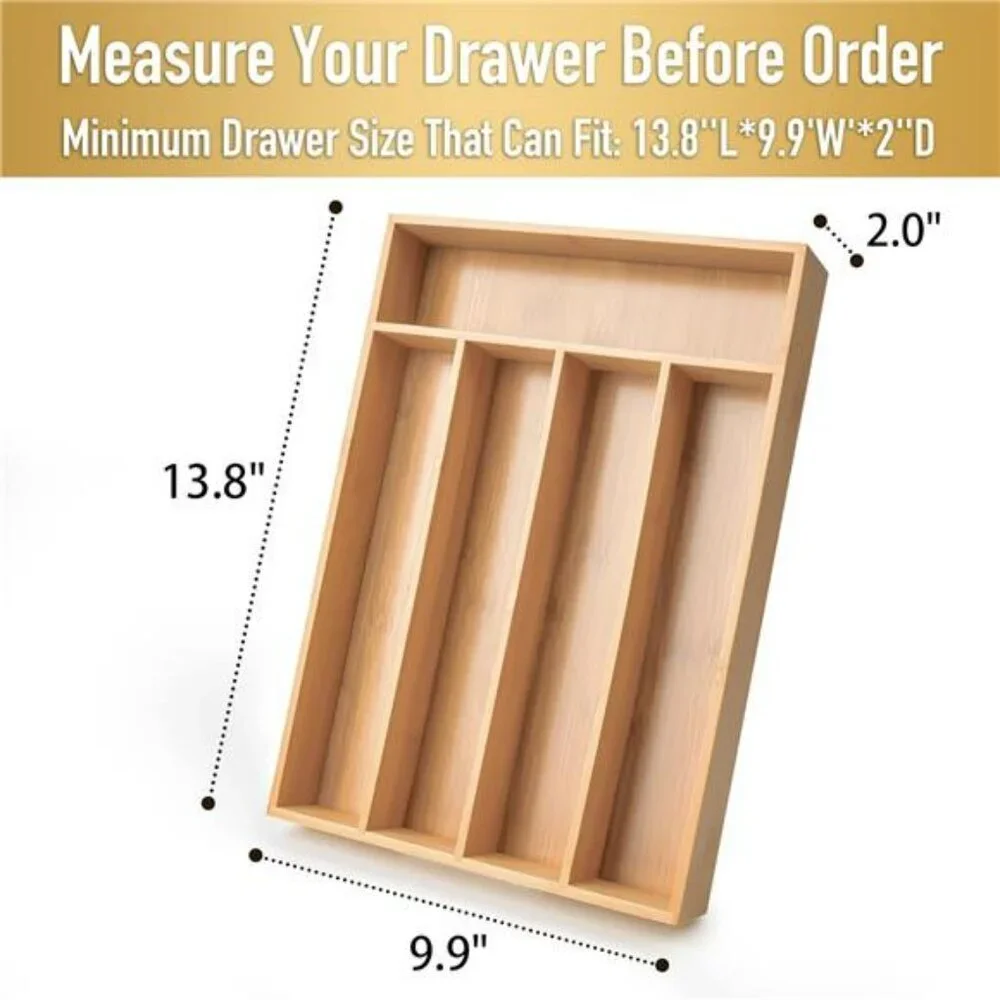 Bamboo Kitchen Drawer Organizer Utensil Cutlery Flatware Tray 5 Slot Holder